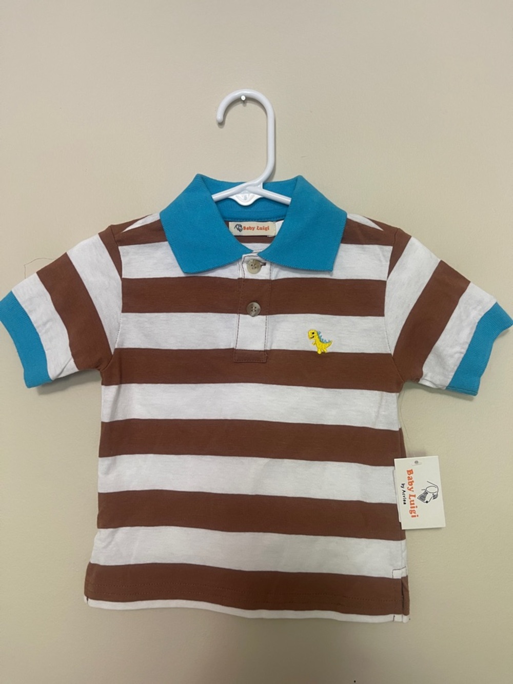 Baby Luigi- Brown & White Striped Polo with Teal Collar